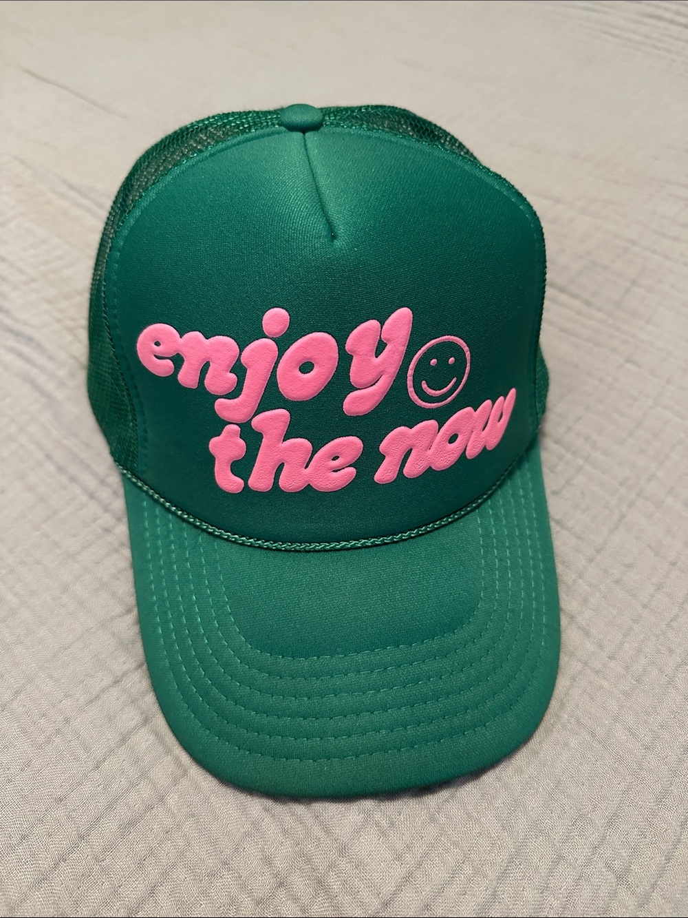Green Trucker Hat with Pink "enjoy the now" Text